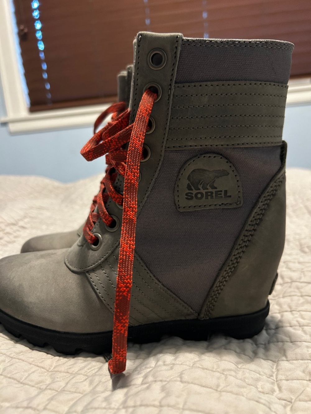 Sorel Gray Wedge Combat Boots with Red Laces